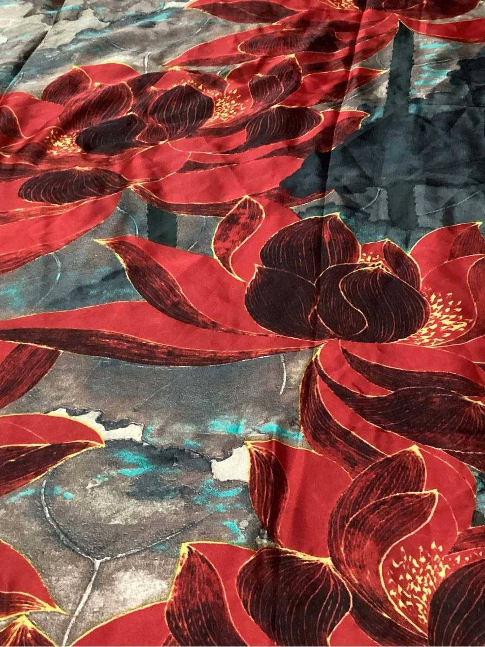 Wrapables Silk Like Satin Polyester Large Scarf Wrap, Red Lotus Colorful Scarf